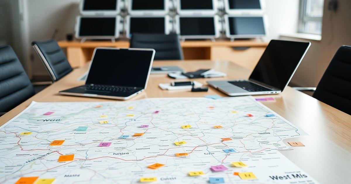 West Midlands map with digital marketing strategy notes and laptops