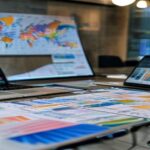 Data visualisations and laptop on a conference table for data-driven digital marketing approach