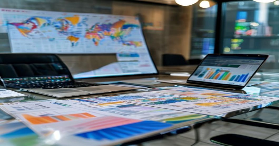 Data visualisations and laptop on a conference table for data-driven digital marketing approach