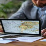 Business owner analyzing local SEO data on a laptop in a modern office