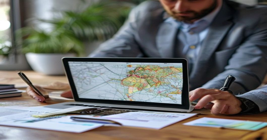 Business owner analyzing local SEO data on a laptop in a modern office