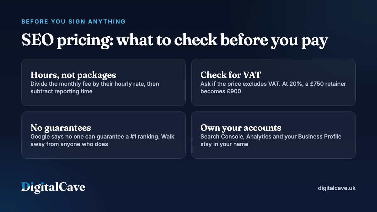 SEO pricing checklist: hours not packages, check for VAT, no ranking guarantees, own your accounts